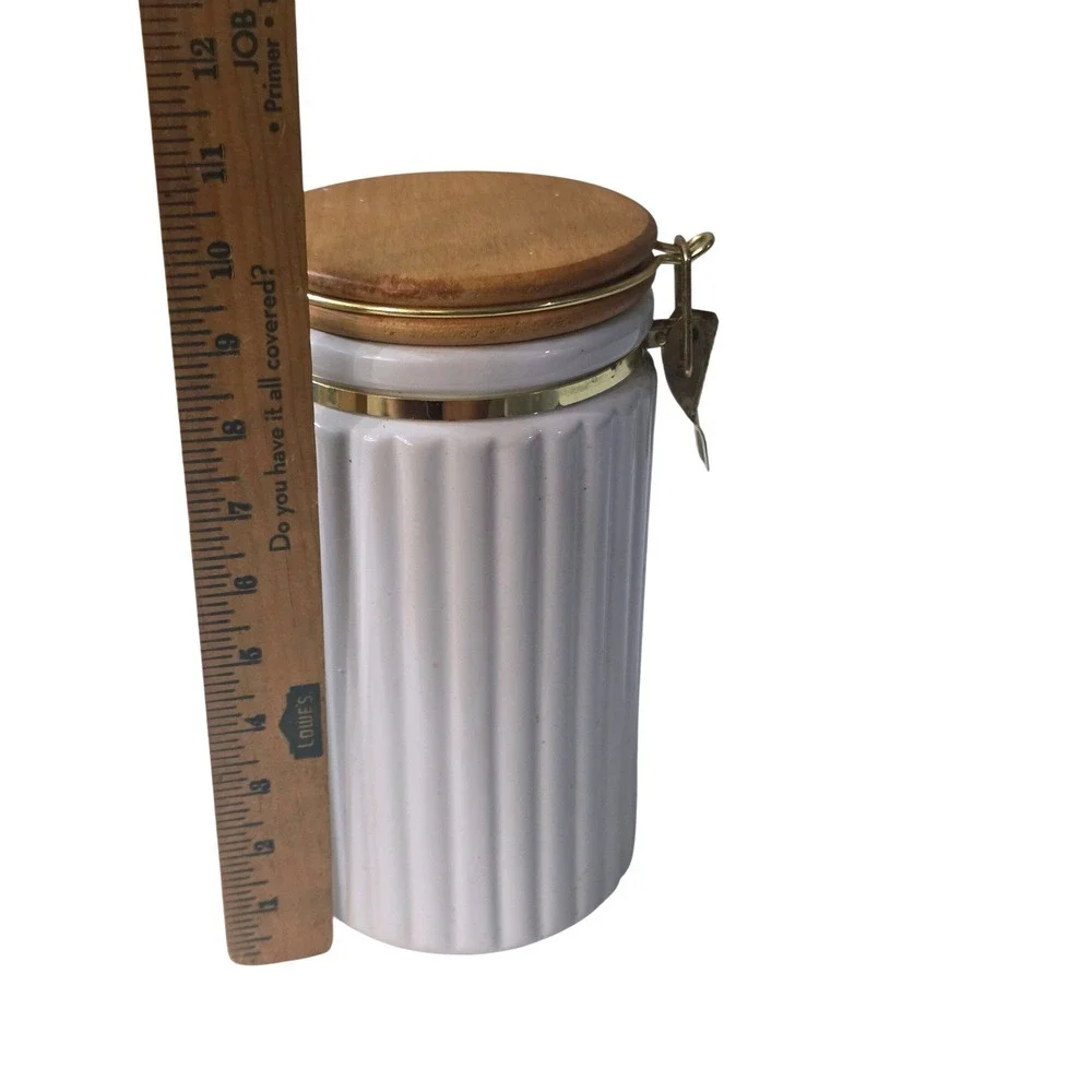 White Jar Ceramic Kitchen Canister with Wood Lid and Scoop Gold Clasp